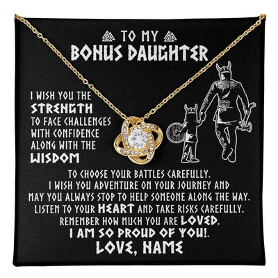 Love Knot Necklace 18K Yellow Gold Finish | 1 | Personalized To My Bonus Daughter Viking Necklace From Stepdad I Am So Proud Of You Runes Viking Stepdaughter Christmas Customized Gift Box Message Card | teecentury