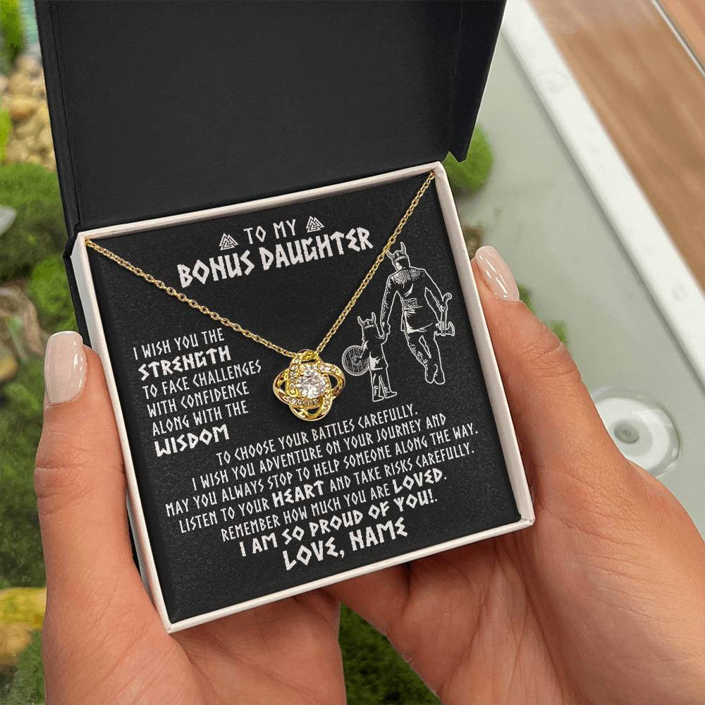 Love Knot Necklace 18K Yellow Gold Finish | 2 | Personalized To My Bonus Daughter Viking Necklace From Stepdad I Am So Proud Of You Runes Viking Stepdaughter Christmas Customized Gift Box Message Card | teecentury