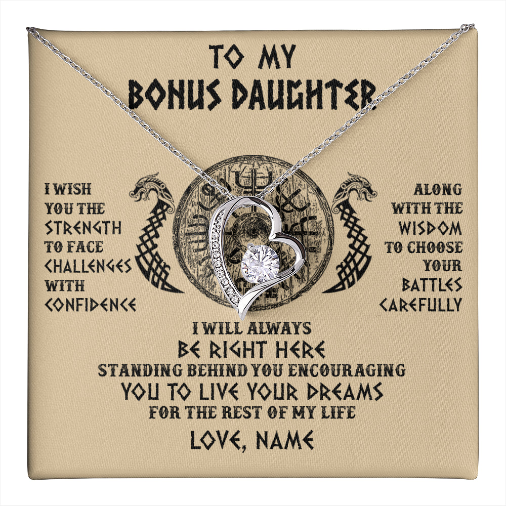 Forever Love Necklace 14K White Gold Finish | 1 | Personalized To My Bonus Daughter Viking Necklace I Wish You The Strength Scandinavian Norse Runes Viking For Women Birthday Customized Gift Box Message Card | teecentury