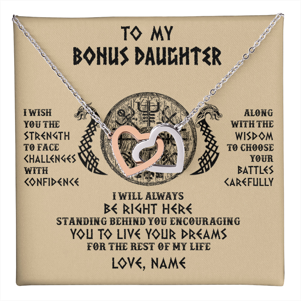 Interlocking Hearts Necklace Stainless Steel & Rose Gold Finish | 1 | Personalized To My Bonus Daughter Viking Necklace I Wish You The Strength Scandinavian Norse Runes Viking For Women Birthday Customized Gift Box Message Card | teecentury