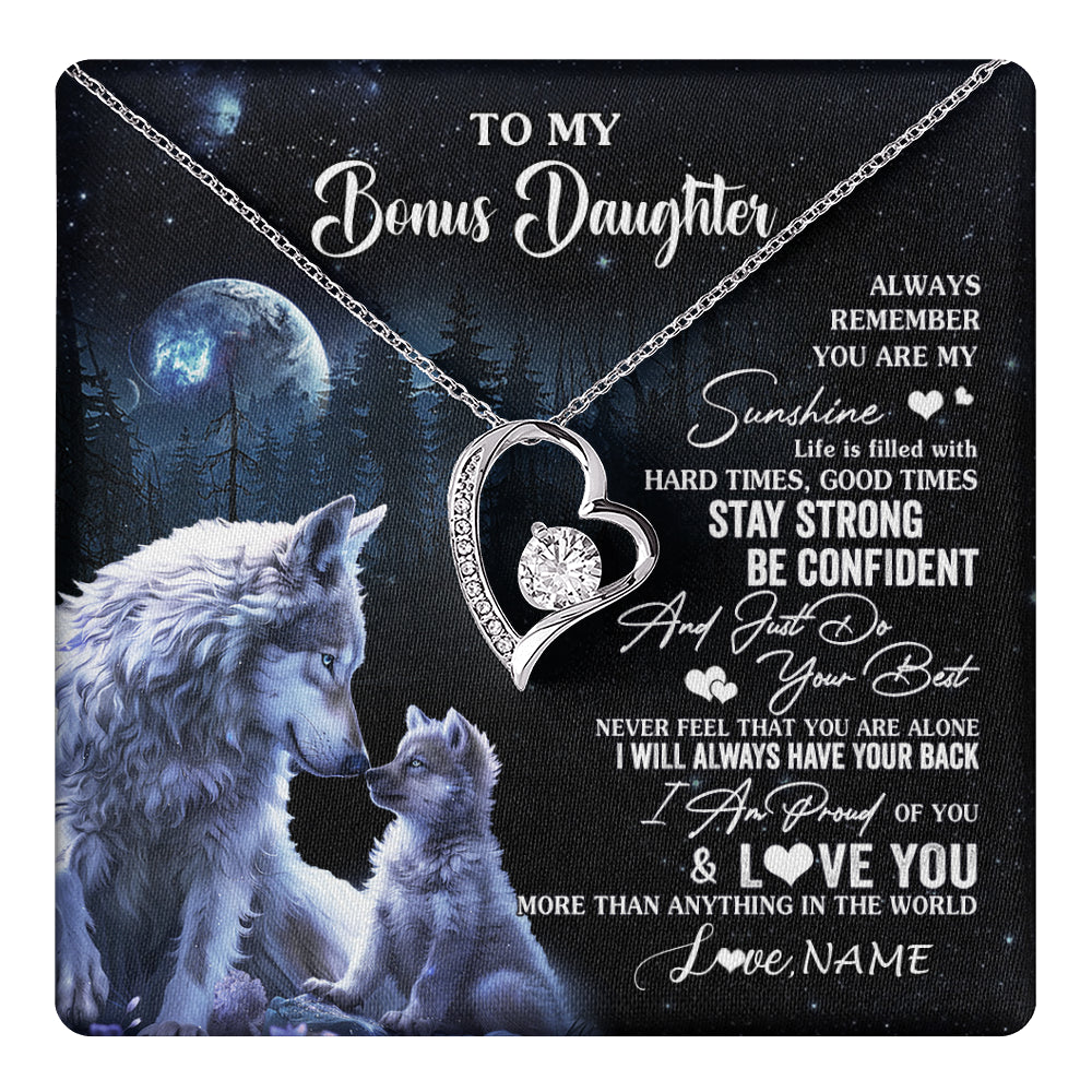 Forever Love Necklace 14K White Gold Finish | 1 | Personalized To My Bonus Daughter Wolf Necklace From Stepmom Stepdad Always Remember Stepdaughter Birthday Christmas Customized Gift Box Message Card | teecentury