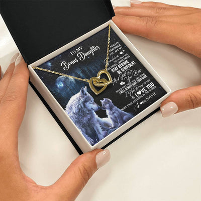 Interlocking Hearts Necklace 18K Yellow Gold Finish | 2 | Personalized To My Bonus Daughter Wolf Necklace From Stepmom Stepdad Always Remember Stepdaughter Birthday Christmas Customized Gift Box Message Card | teecentury
