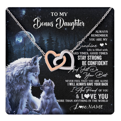 Interlocking Hearts Necklace Stainless Steel & Rose Gold Finish | 1 | Personalized To My Bonus Daughter Wolf Necklace From Stepmom Stepdad Always Remember Stepdaughter Birthday Christmas Customized Gift Box Message Card | teecentury