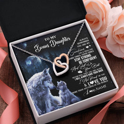 Interlocking Hearts Necklace Stainless Steel & Rose Gold Finish | 2 | Personalized To My Bonus Daughter Wolf Necklace From Stepmom Stepdad Always Remember Stepdaughter Birthday Christmas Customized Gift Box Message Card | teecentury