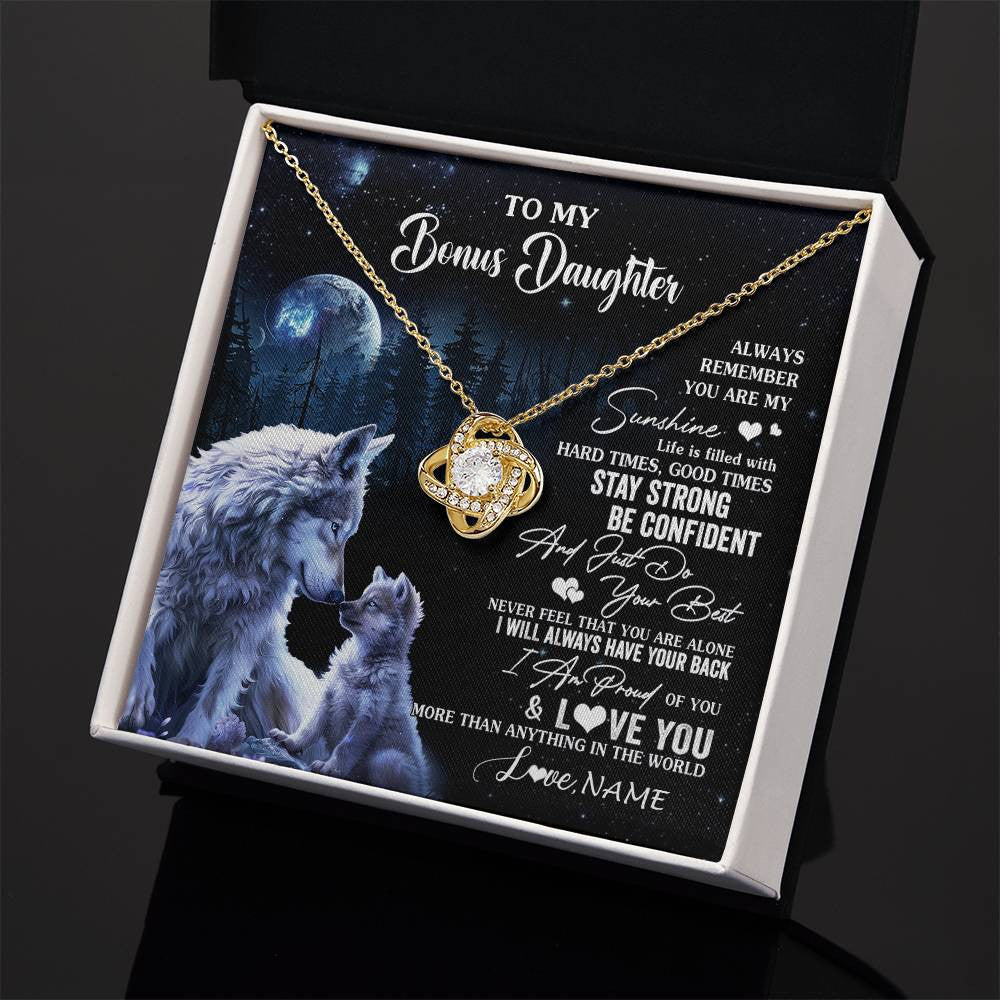 Love Knot Necklace 18K Yellow Gold Finish | 2 | Personalized To My Bonus Daughter Wolf Necklace From Stepmom Stepdad Always Remember Stepdaughter Birthday Christmas Customized Gift Box Message Card | teecentury