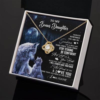 Love Knot Necklace 18K Yellow Gold Finish | 2 | Personalized To My Bonus Daughter Wolf Necklace From Stepmom Stepdad Always Remember Stepdaughter Birthday Christmas Customized Gift Box Message Card | teecentury