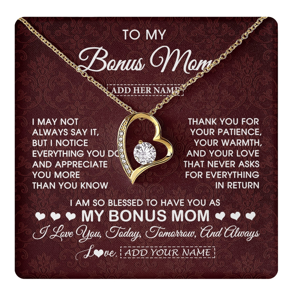 Forever Love Necklace 18K Yellow Gold Finish | 1 | Personalized To My Bonus Mom Gifts From Stepdaughter Necklace Meaningful Jewelry Pendant Gifts For Stepmom Mothers Day Birthday Christmas Gift Box Message Card | https://teecentury.