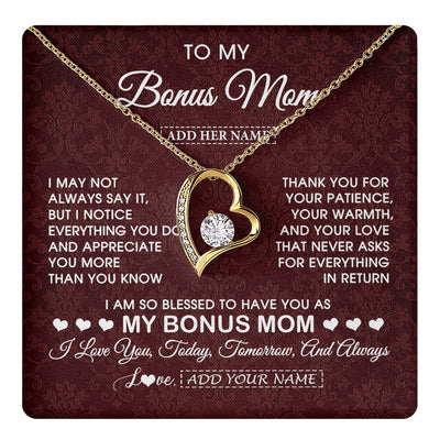 Forever Love Necklace 18K Yellow Gold Finish | 1 | Personalized To My Bonus Mom Gifts From Stepdaughter Necklace Meaningful Jewelry Pendant Gifts For Stepmom Mothers Day Birthday Christmas Gift Box Message Card | https://teecentury.