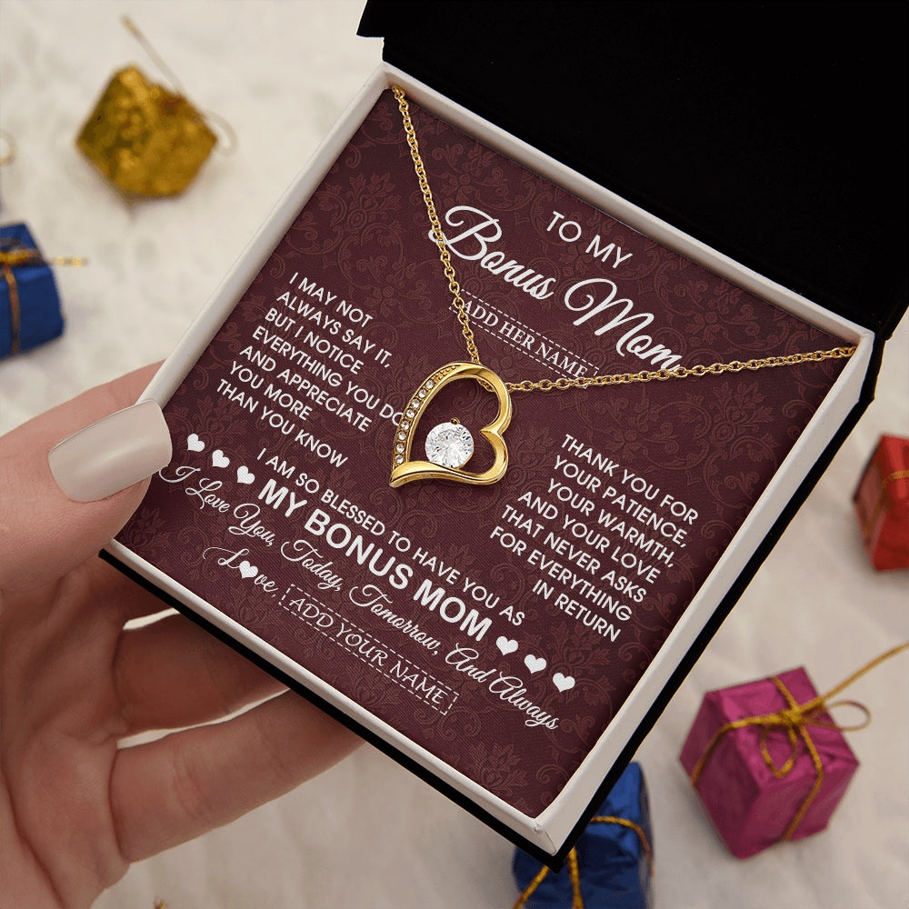 Forever Love Necklace 18K Yellow Gold Finish | 2 | Personalized To My Bonus Mom Gifts From Stepdaughter Necklace Meaningful Jewelry Pendant Gifts For Stepmom Mothers Day Birthday Christmas Gift Box Message Card | https://teecentury.