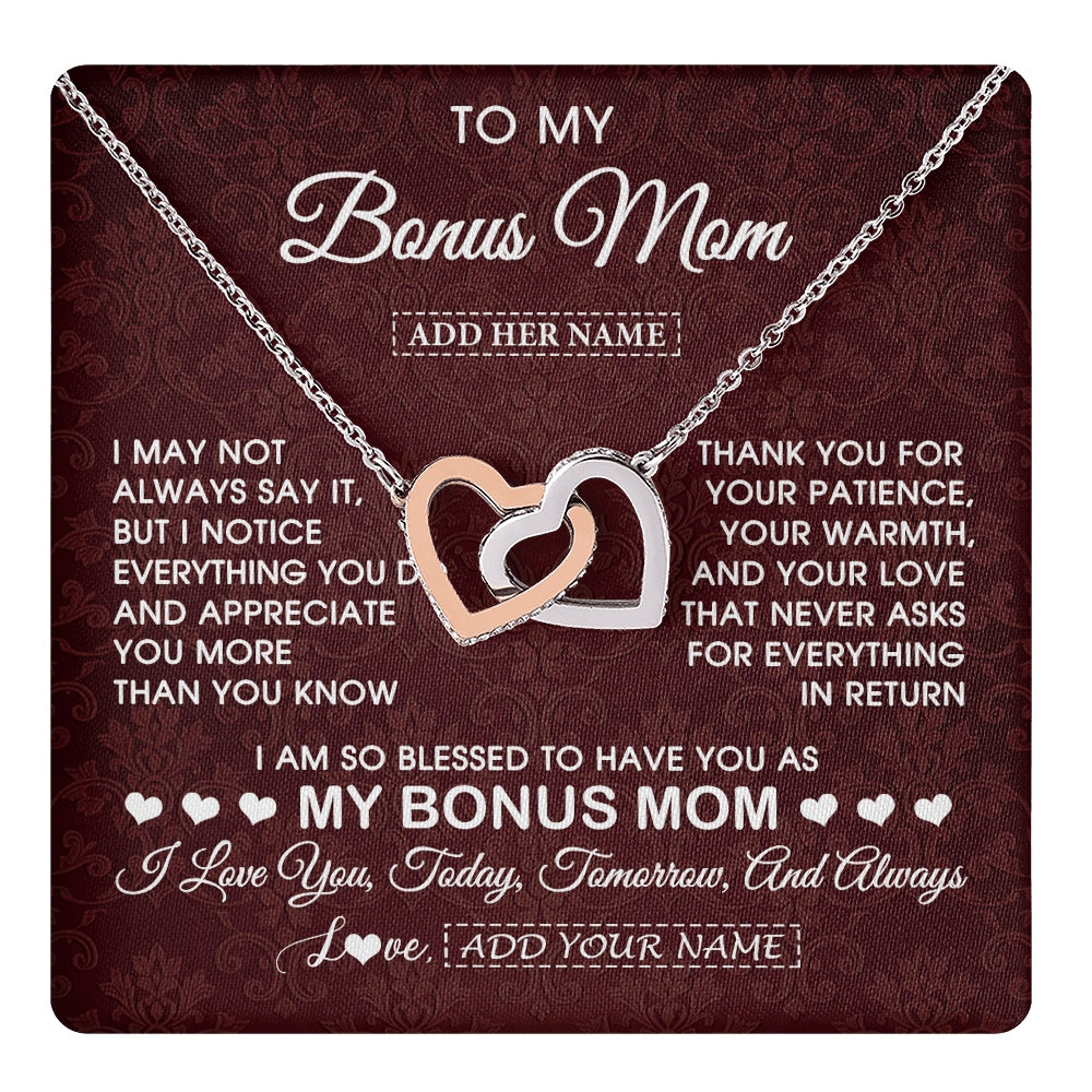 Interlocking Hearts Necklace Stainless Steel & Rose Gold Finish | 1 | Personalized To My Bonus Mom Gifts From Stepdaughter Necklace Meaningful Jewelry Pendant Gifts For Stepmom Mothers Day Birthday Christmas Gift Box Message Card | https://teecentury.