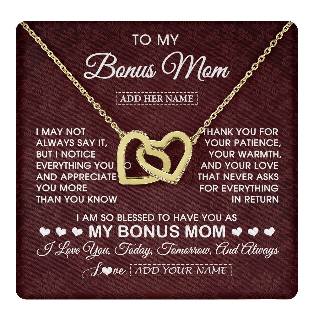 Interlocking Hearts Necklace 18K Yellow Gold Finish | 1 | Personalized To My Bonus Mom Gifts From Stepdaughter Necklace Meaningful Jewelry Pendant Gifts For Stepmom Mothers Day Birthday Christmas Gift Box Message Card | https://teecentury.