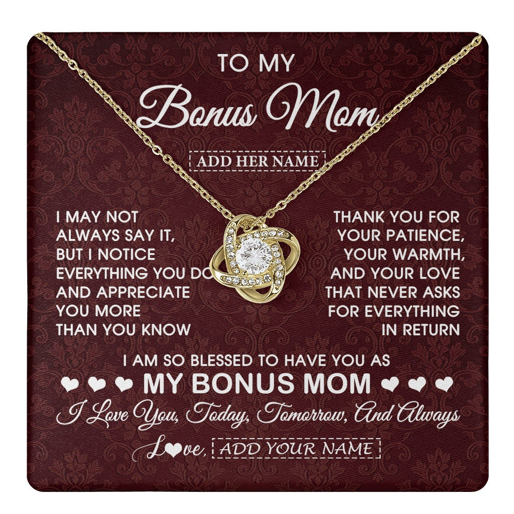 Love Knot Necklace 18K Yellow Gold Finish | 1 | Personalized To My Bonus Mom Gifts From Stepdaughter Necklace Meaningful Jewelry Pendant Gifts For Stepmom Mothers Day Birthday Christmas Gift Box Message Card | https://teecentury.