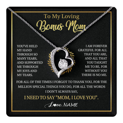 Forever Love Necklace 14K White Gold Finish | 1 | Personalized To My Bonus Mom Gifts Necklace From Stepdaughter Stepson Grateful Thank You Stepmom Birthday Gifts Mothers Day Christmas Gift Box Message Card | teecentury
