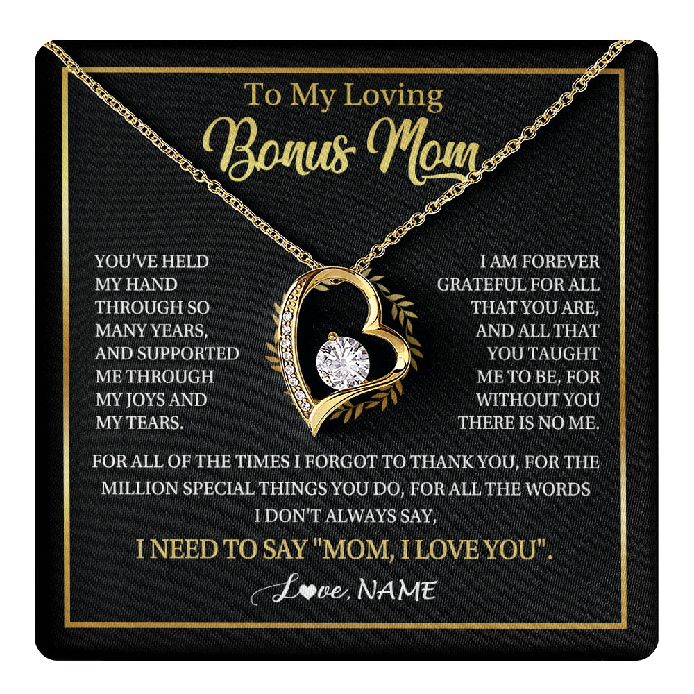 Forever Love Necklace 18K Yellow Gold Finish | 1 | Personalized To My Bonus Mom Gifts Necklace From Stepdaughter Stepson Grateful Thank You Stepmom Birthday Gifts Mothers Day Christmas Gift Box Message Card | teecentury