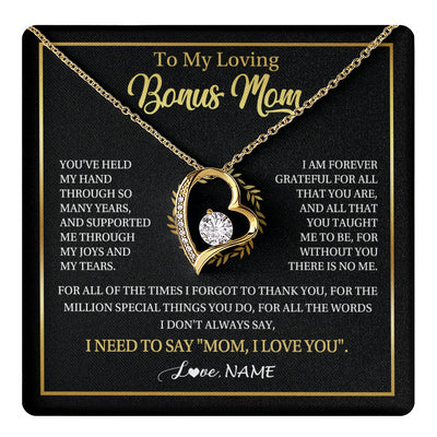 Forever Love Necklace 18K Yellow Gold Finish | 1 | Personalized To My Bonus Mom Gifts Necklace From Stepdaughter Stepson Grateful Thank You Stepmom Birthday Gifts Mothers Day Christmas Gift Box Message Card | teecentury