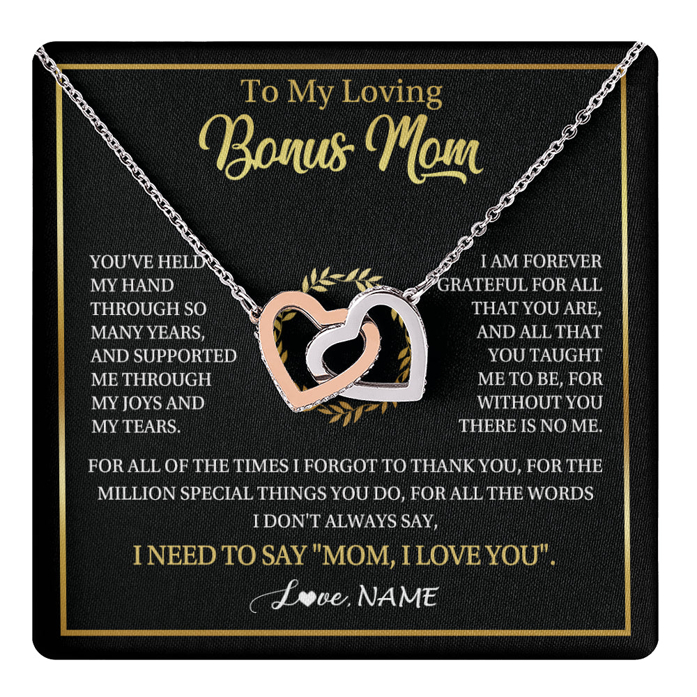 Interlocking Hearts Necklace Stainless Steel & Rose Gold Finish | 1 | Personalized To My Bonus Mom Gifts Necklace From Stepdaughter Stepson Grateful Thank You Stepmom Birthday Gifts Mothers Day Christmas Gift Box Message Card | teecentury