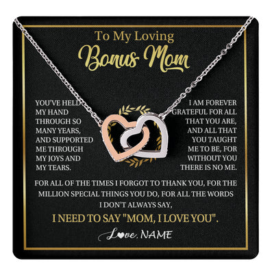 Interlocking Hearts Necklace Stainless Steel & Rose Gold Finish | 1 | Personalized To My Bonus Mom Gifts Necklace From Stepdaughter Stepson Grateful Thank You Stepmom Birthday Gifts Mothers Day Christmas Gift Box Message Card | teecentury