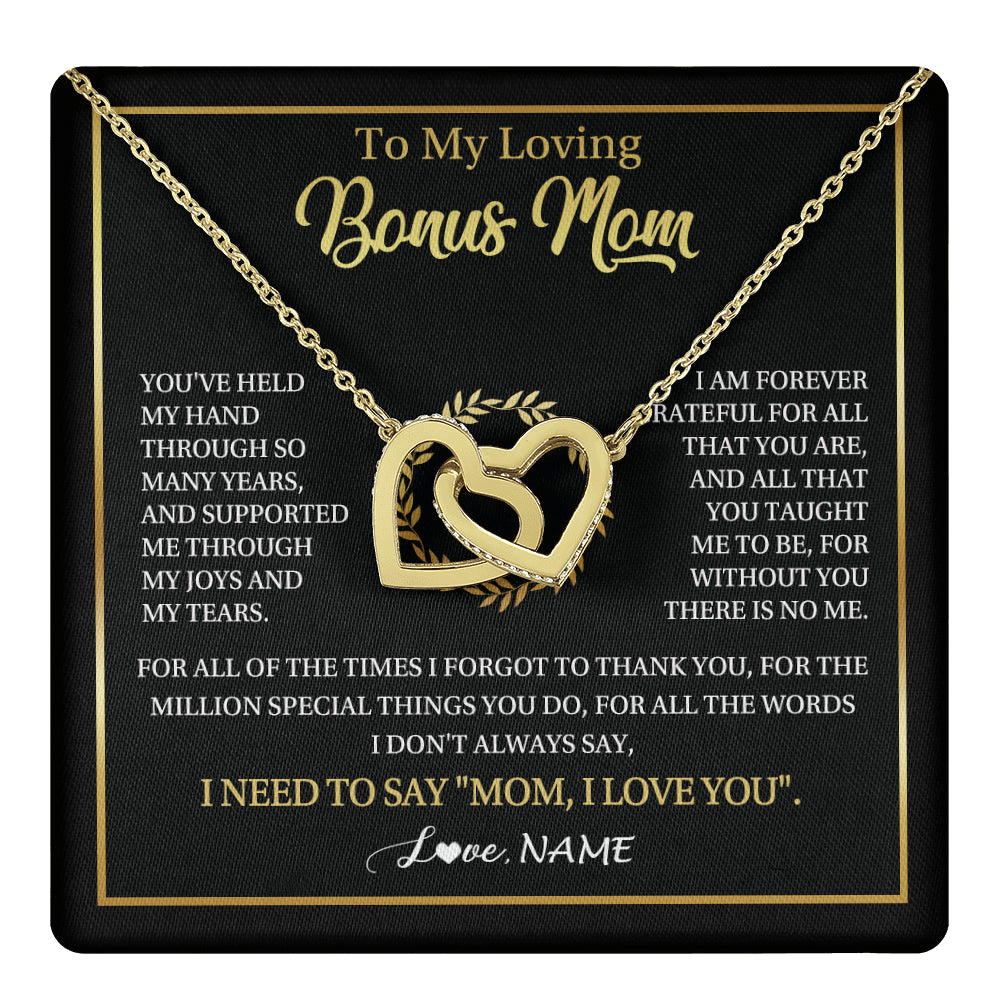 Interlocking Hearts Necklace 18K Yellow Gold Finish | 1 | Personalized To My Bonus Mom Gifts Necklace From Stepdaughter Stepson Grateful Thank You Stepmom Birthday Gifts Mothers Day Christmas Gift Box Message Card | teecentury