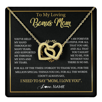 Interlocking Hearts Necklace 18K Yellow Gold Finish | 1 | Personalized To My Bonus Mom Gifts Necklace From Stepdaughter Stepson Grateful Thank You Stepmom Birthday Gifts Mothers Day Christmas Gift Box Message Card | teecentury