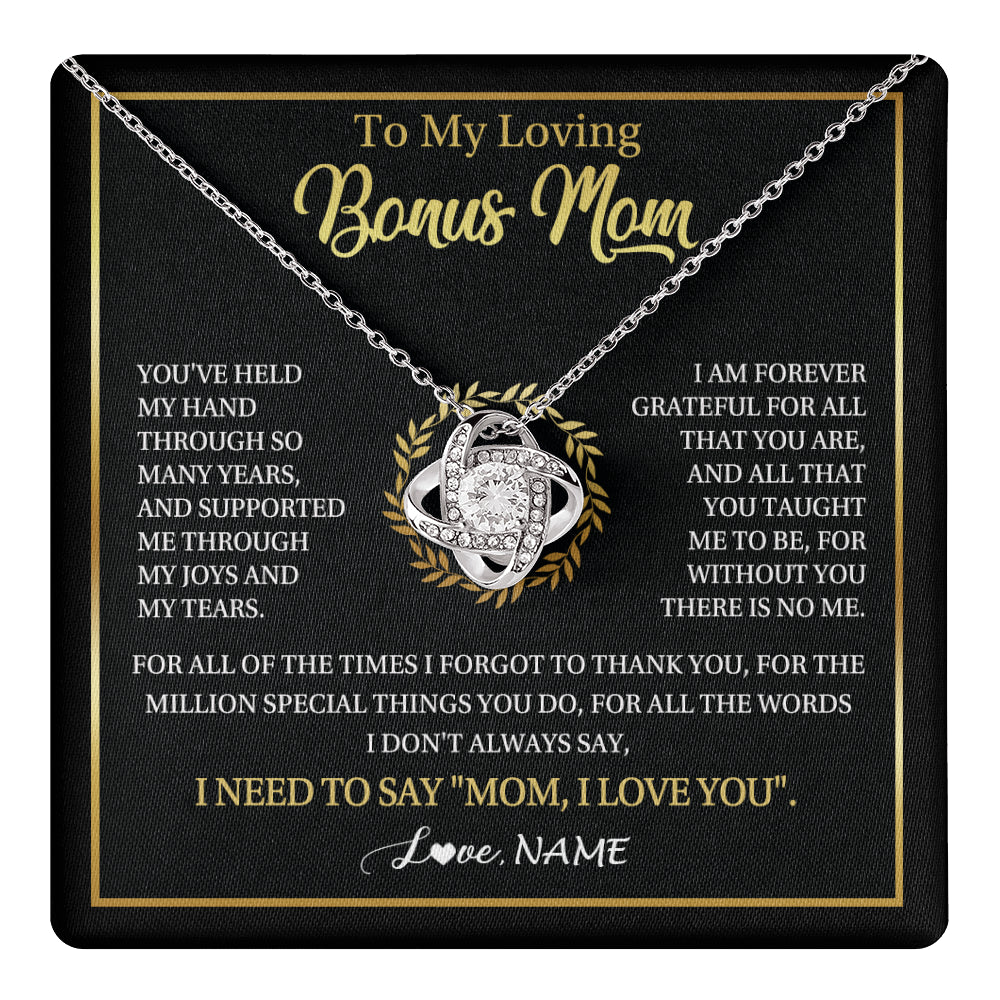 Love Knot Necklace 14K White Gold Finish | 1 | Personalized To My Bonus Mom Gifts Necklace From Stepdaughter Stepson Grateful Thank You Stepmom Birthday Gifts Mothers Day Christmas Gift Box Message Card | teecentury
