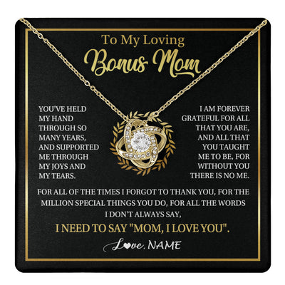 Love Knot Necklace 18K Yellow Gold Finish | 1 | Personalized To My Bonus Mom Gifts Necklace From Stepdaughter Stepson Grateful Thank You Stepmom Birthday Gifts Mothers Day Christmas Gift Box Message Card | teecentury