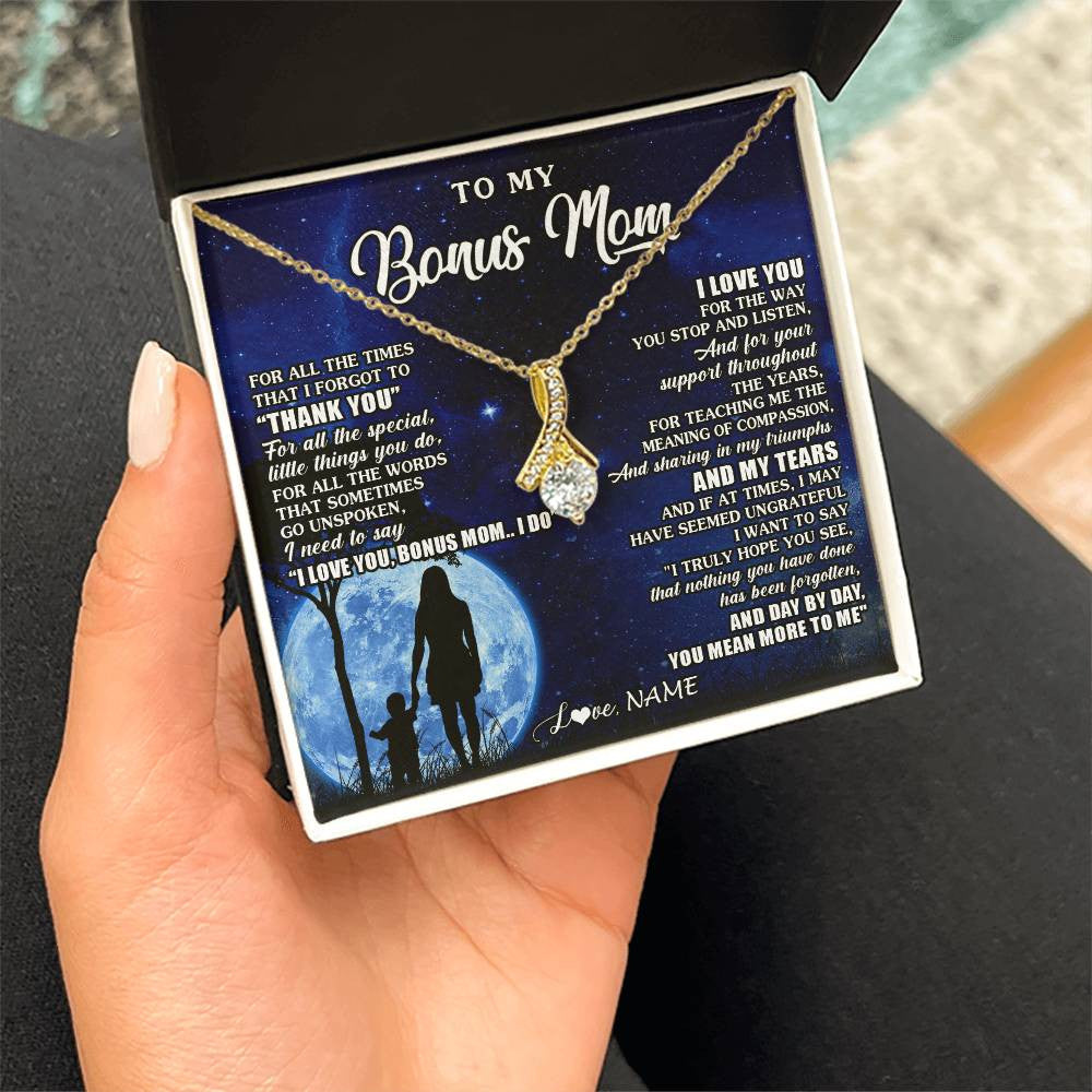 Alluring Beauty Necklace 18K Yellow Gold Finish | 2 | Personalized To My Bonus Mom Necklace From Step Daughter Son Thank You Grateful Love Stepmom Birthday Mothers Day Christmas Customized Gift Box Message Card | teecentury
