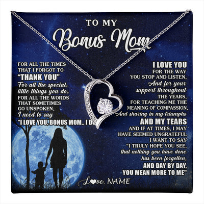 Forever Love Necklace 14K White Gold Finish | 1 | Personalized To My Bonus Mom Necklace From Step Daughter Son Thank You Grateful Love Stepmom Birthday Mothers Day Christmas Customized Gift Box Message Card | teecentury