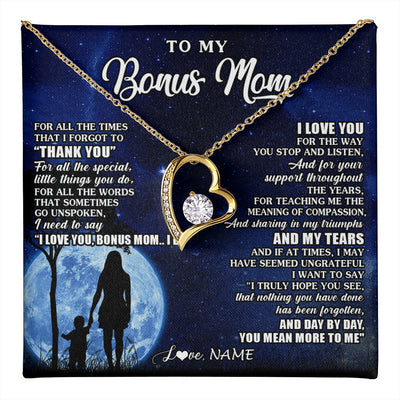 Forever Love Necklace 18K Yellow Gold Finish | 1 | Personalized To My Bonus Mom Necklace From Step Daughter Son Thank You Grateful Love Stepmom Birthday Mothers Day Christmas Customized Gift Box Message Card | teecentury