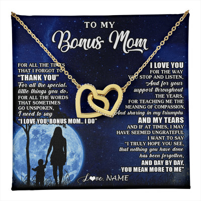 Interlocking Hearts Necklace 18K Yellow Gold Finish | 1 | Personalized To My Bonus Mom Necklace From Step Daughter Son Thank You Grateful Love Stepmom Birthday Mothers Day Christmas Customized Gift Box Message Card | teecentury