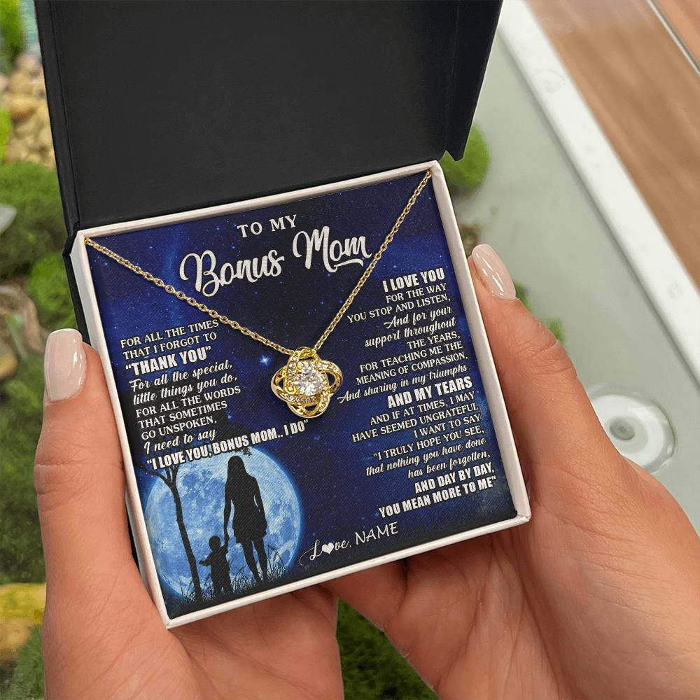Love Knot Necklace 18K Yellow Gold Finish | 2 | Personalized To My Bonus Mom Necklace From Step Daughter Son Thank You Grateful Love Stepmom Birthday Mothers Day Christmas Customized Gift Box Message Card | teecentury