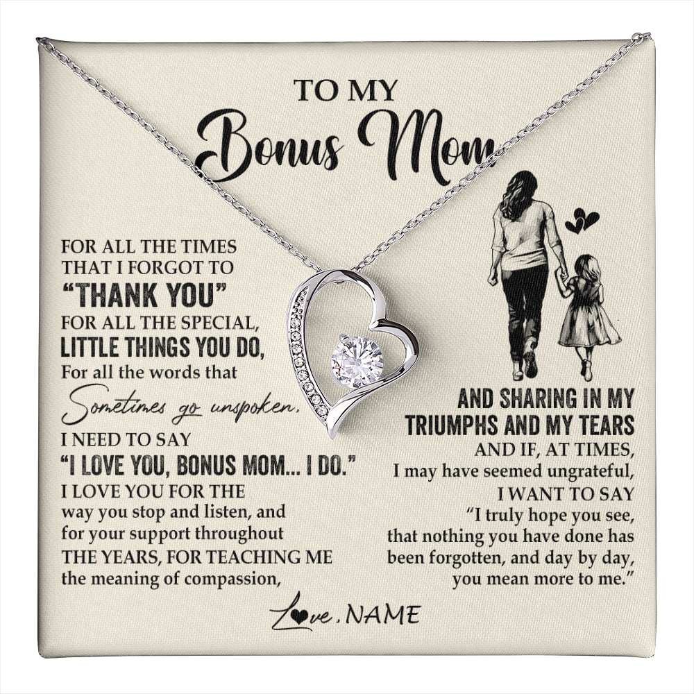 Forever Love Necklace 14K White Gold Finish | 1 | Personalized To My Bonus Mom Necklace From Stepdaughter For All The Times That I Forgot To Thank You Birthday Mothers Day Customized Gift Box Message Card | teecentury