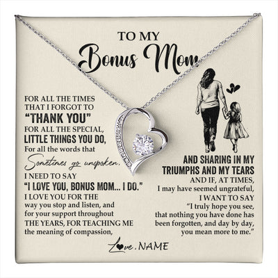 Forever Love Necklace 14K White Gold Finish | 1 | Personalized To My Bonus Mom Necklace From Stepdaughter For All The Times That I Forgot To Thank You Birthday Mothers Day Customized Gift Box Message Card | teecentury