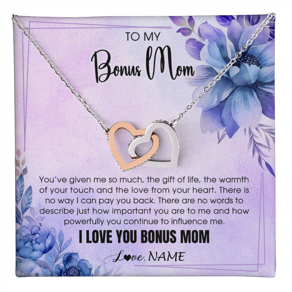 Interlocking Hearts Necklace Stainless Steel & Rose Gold Finish | 1 | Personalized To My Bonus Mom Necklace From Stepdaughter Stepson I Love You Stepmom Birthday Gifts Mothers Day Christmas Jewelry Customized Gift Box Message Card | teecentury