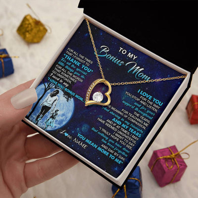 Forever Love Necklace 18K Yellow Gold Finish | 2 | Personalized To My Bonus Mom Necklace From Stepdaughter Thank You Day By Day Stepmom Birthday Gifts Mothers Day Christmas Customized Gift Box Message Card | teecentury