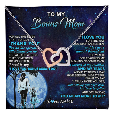 Interlocking Hearts Necklace Stainless Steel & Rose Gold Finish | 1 | Personalized To My Bonus Mom Necklace From Stepdaughter Thank You Day By Day Stepmom Birthday Gifts Mothers Day Christmas Customized Gift Box Message Card | teecentury