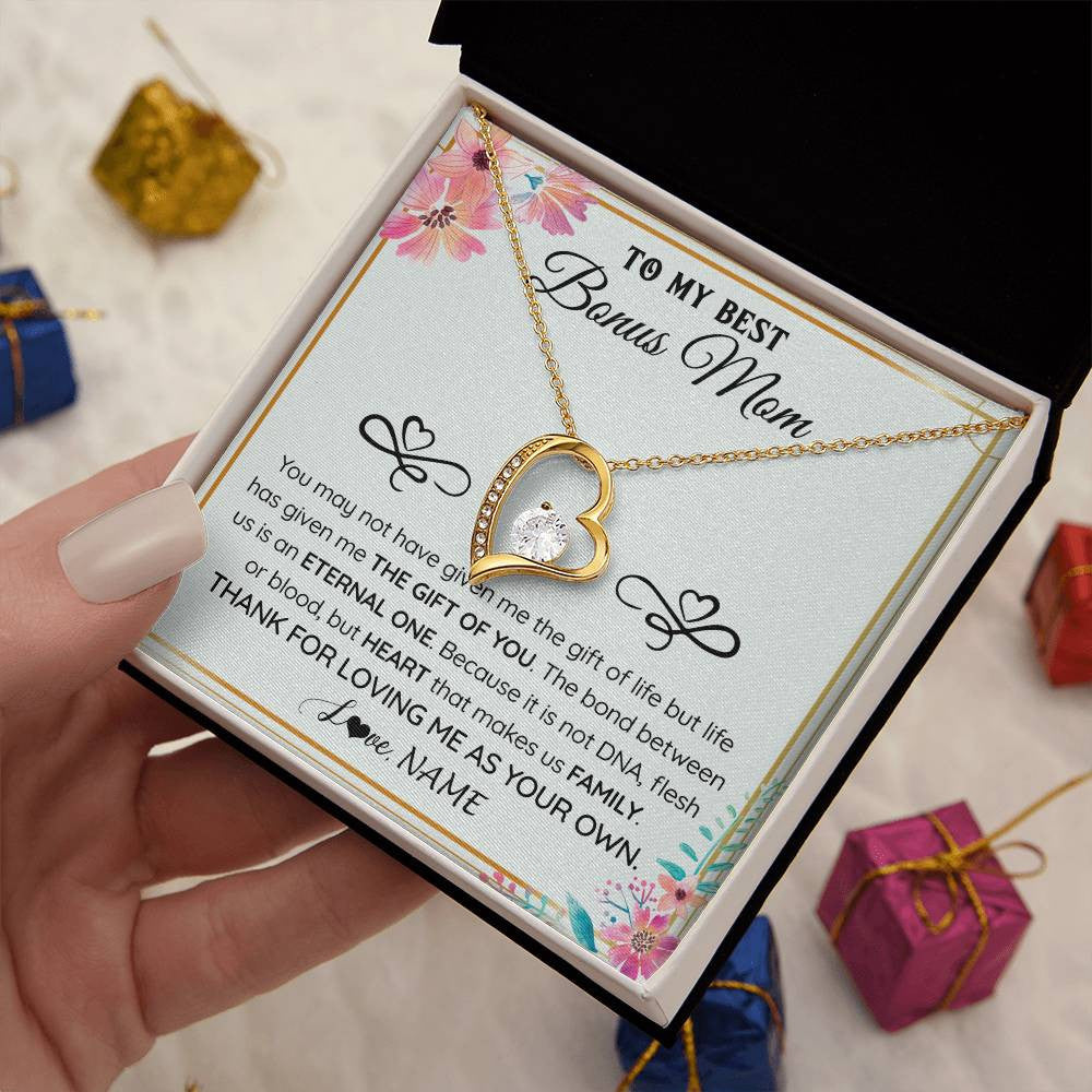 Forever Love Necklace 18K Yellow Gold Finish | 2 | Personalized To My Bonus Mom Necklace From Stepdaughter Thank You For Loving Stepmom Jewelry Pendant Birthday Gifts Christmas Customized Gift Box Message Card | teecentury