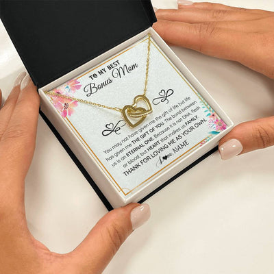 Interlocking Hearts Necklace 18K Yellow Gold Finish | 2 | Personalized To My Bonus Mom Necklace From Stepdaughter Thank You For Loving Stepmom Jewelry Pendant Birthday Gifts Christmas Customized Gift Box Message Card | teecentury