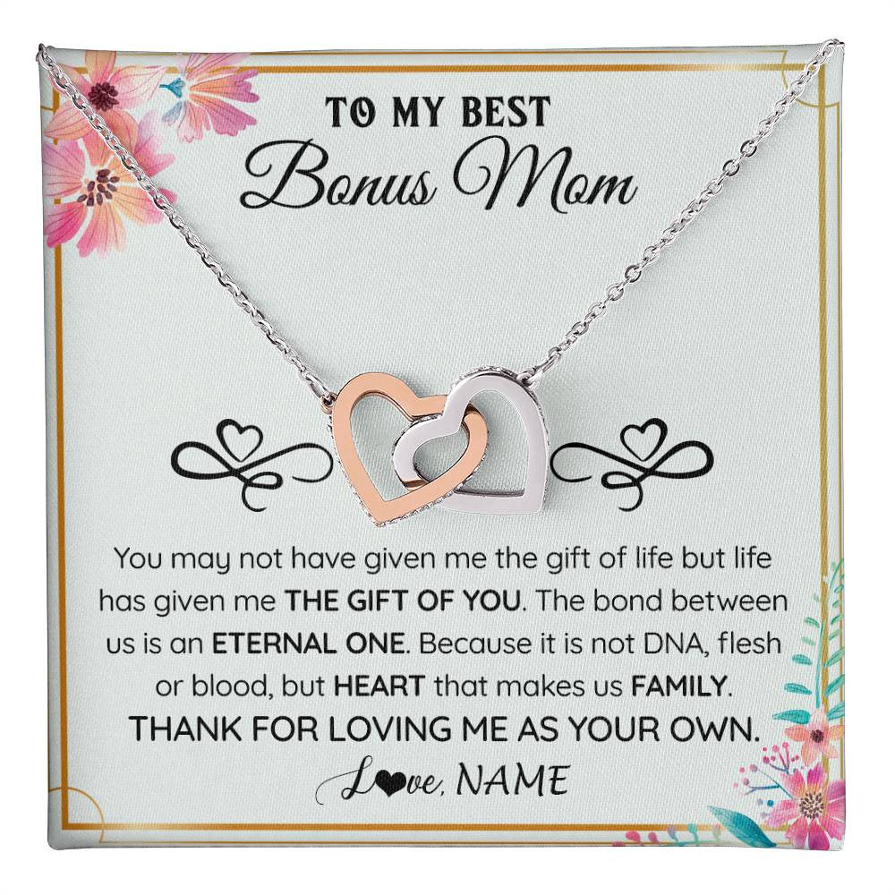 Interlocking Hearts Necklace Stainless Steel & Rose Gold Finish | 1 | Personalized To My Bonus Mom Necklace From Stepdaughter Thank You For Loving Stepmom Jewelry Pendant Birthday Gifts Christmas Customized Gift Box Message Card | teecentury