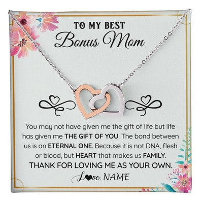 Interlocking Hearts Necklace Stainless Steel & Rose Gold Finish | 1 | Personalized To My Bonus Mom Necklace From Stepdaughter Thank You For Loving Stepmom Jewelry Pendant Birthday Gifts Christmas Customized Gift Box Message Card | teecentury