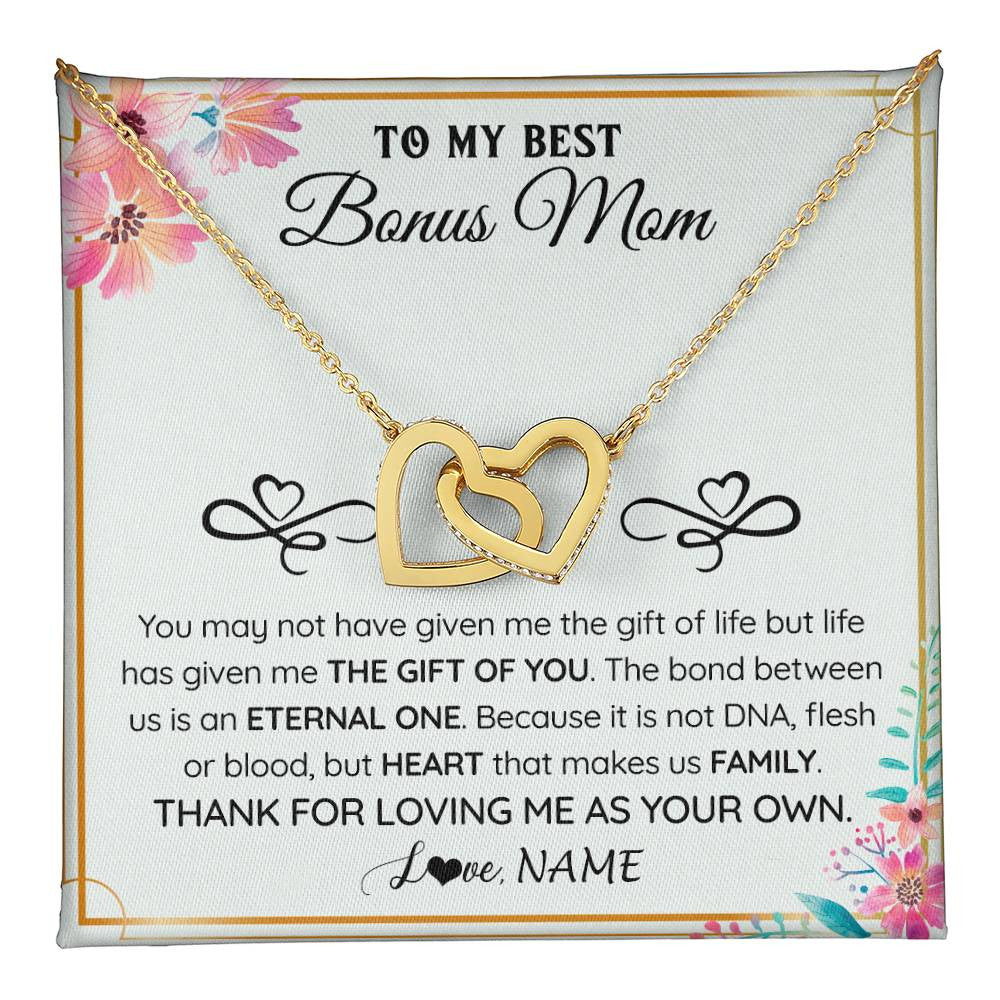 Interlocking Hearts Necklace 18K Yellow Gold Finish | 1 | Personalized To My Bonus Mom Necklace From Stepdaughter Thank You For Loving Stepmom Jewelry Pendant Birthday Gifts Christmas Customized Gift Box Message Card | teecentury