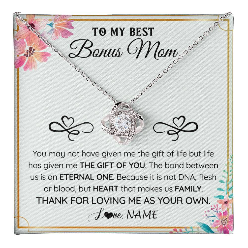 Love Knot Necklace 14K White Gold Finish | 1 | Personalized To My Bonus Mom Necklace From Stepdaughter Thank You For Loving Stepmom Jewelry Pendant Birthday Gifts Christmas Customized Gift Box Message Card | teecentury