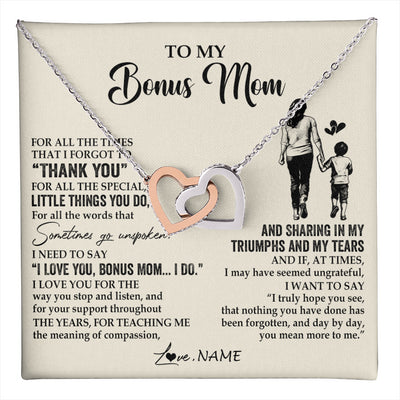 Interlocking Hearts Necklace Stainless Steel & Rose Gold Finish | 1 | Personalized To My Bonus Mom Necklace From Stepson For All The Times That I Forgot To Thank You Birthday Mothers Day Christmas Customized Gift Box Message Card | teecentury