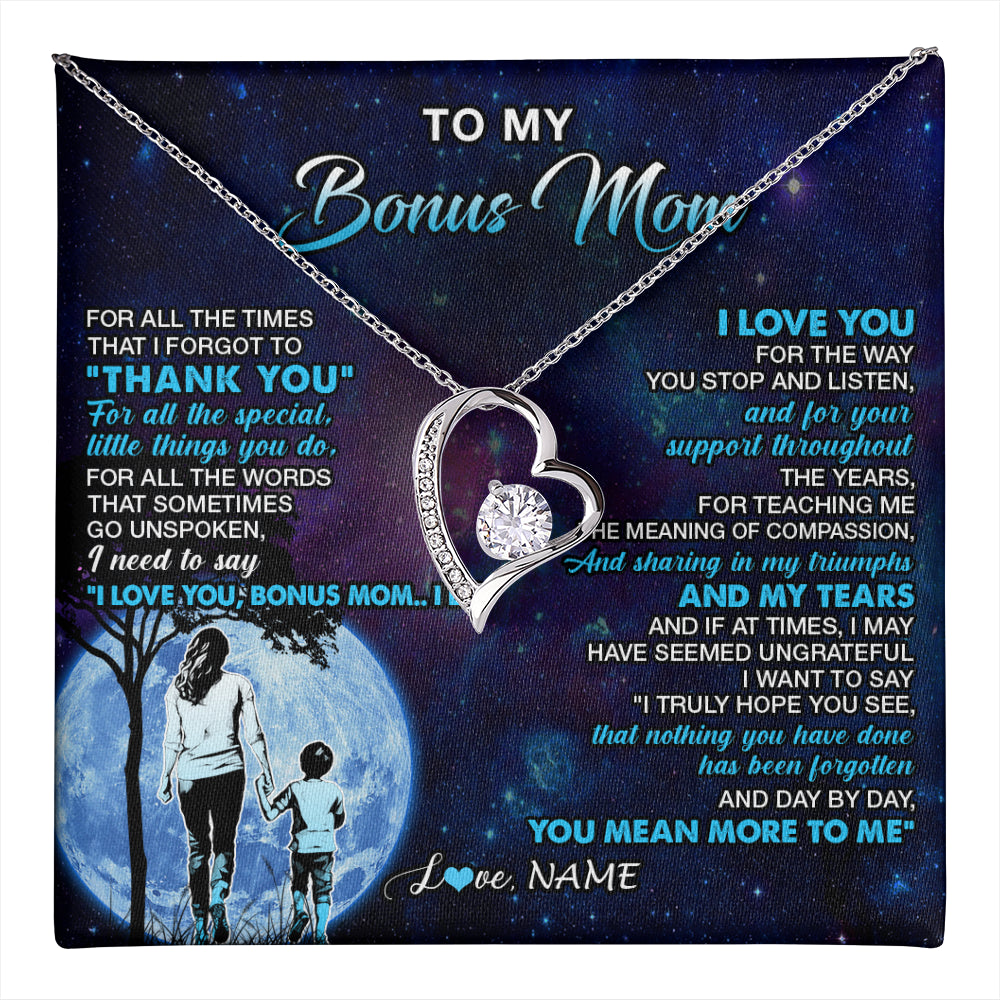 Forever Love Necklace 14K White Gold Finish | 1 | Personalized To My Bonus Mom Necklace From Stepson Thank You Day By Day Stepmom Birthday Gifts Mothers Day Christmas Customized Gift Box Message Card | teecentury