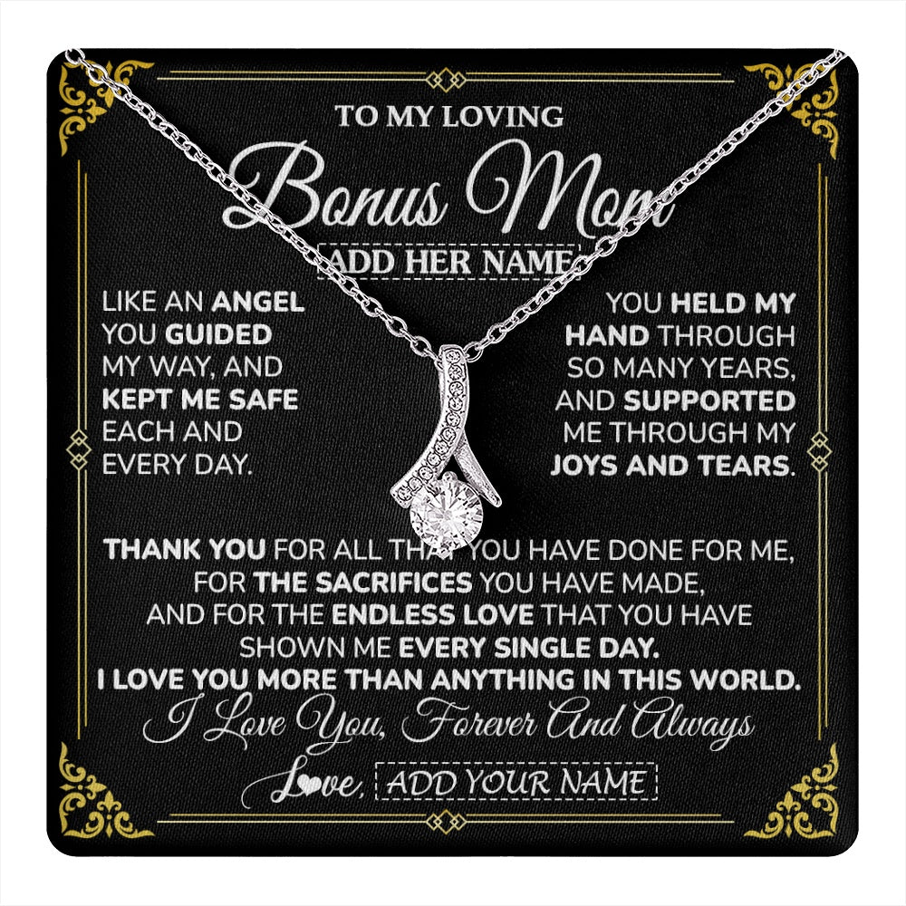 Alluring Beauty Necklace 14K White Gold Finish | 1 | Personalized To My Bonus Mom Necklace Gifts Meaningful Gift To Stepmom From Stepdaughter Without You There Is No Me Mothers Day Birthday Gift Box Message Card | https://teecentury.