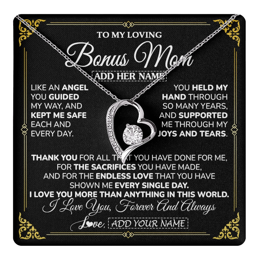 Forever Love Necklace 14K White Gold Finish | 1 | Personalized To My Bonus Mom Necklace Gifts Meaningful Gift To Stepmom From Stepdaughter Without You There Is No Me Mothers Day Birthday Gift Box Message Card | https://teecentury.