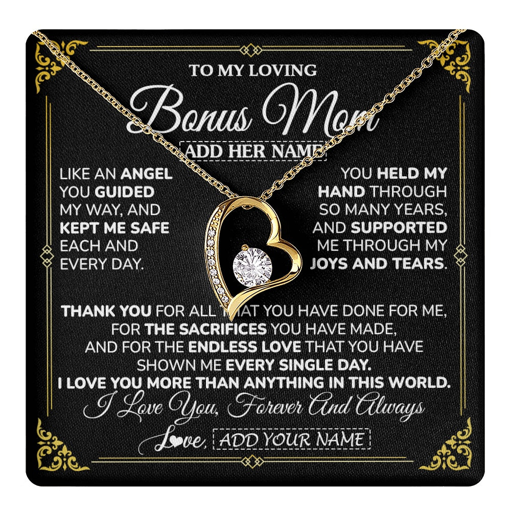 Forever Love Necklace 18K Yellow Gold Finish | 1 | Personalized To My Bonus Mom Necklace Gifts Meaningful Gift To Stepmom From Stepdaughter Without You There Is No Me Mothers Day Birthday Gift Box Message Card | https://teecentury.