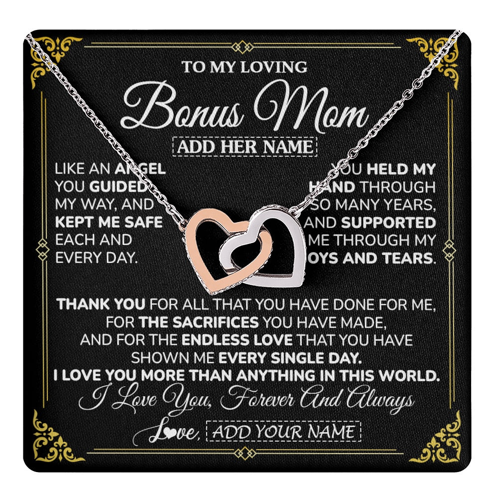 Interlocking Hearts Necklace Stainless Steel & Rose Gold Finish | 1 | Personalized To My Bonus Mom Necklace Gifts Meaningful Gift To Stepmom From Stepdaughter Without You There Is No Me Mothers Day Birthday Gift Box Message Card | https://teecentury.