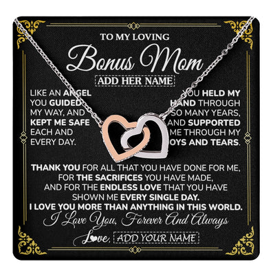Interlocking Hearts Necklace Stainless Steel & Rose Gold Finish | 1 | Personalized To My Bonus Mom Necklace Gifts Meaningful Gift To Stepmom From Stepdaughter Without You There Is No Me Mothers Day Birthday Gift Box Message Card | https://teecentury.