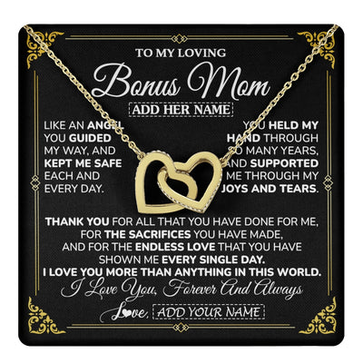 Interlocking Hearts Necklace 18K Yellow Gold Finish | 1 | Personalized To My Bonus Mom Necklace Gifts Meaningful Gift To Stepmom From Stepdaughter Without You There Is No Me Mothers Day Birthday Gift Box Message Card | https://teecentury.