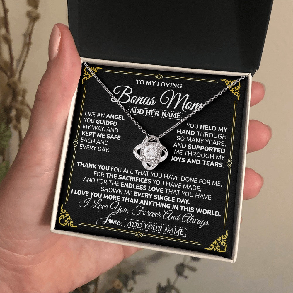 Love Knot Necklace 14K White Gold Finish | 2 | Personalized To My Bonus Mom Necklace Gifts Meaningful Gift To Stepmom From Stepdaughter Without You There Is No Me Mothers Day Birthday Gift Box Message Card | https://teecentury.